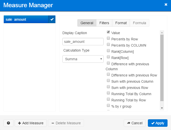 Measure Manager showing the sale_amount measure with Summa calculation type.